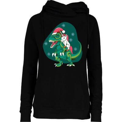 Unicorn Ridding Dinosaur Christmas Womens Funnel Neck Pullover Hood