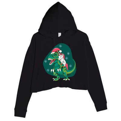 Unicorn Ridding Dinosaur Christmas Crop Fleece Hoodie