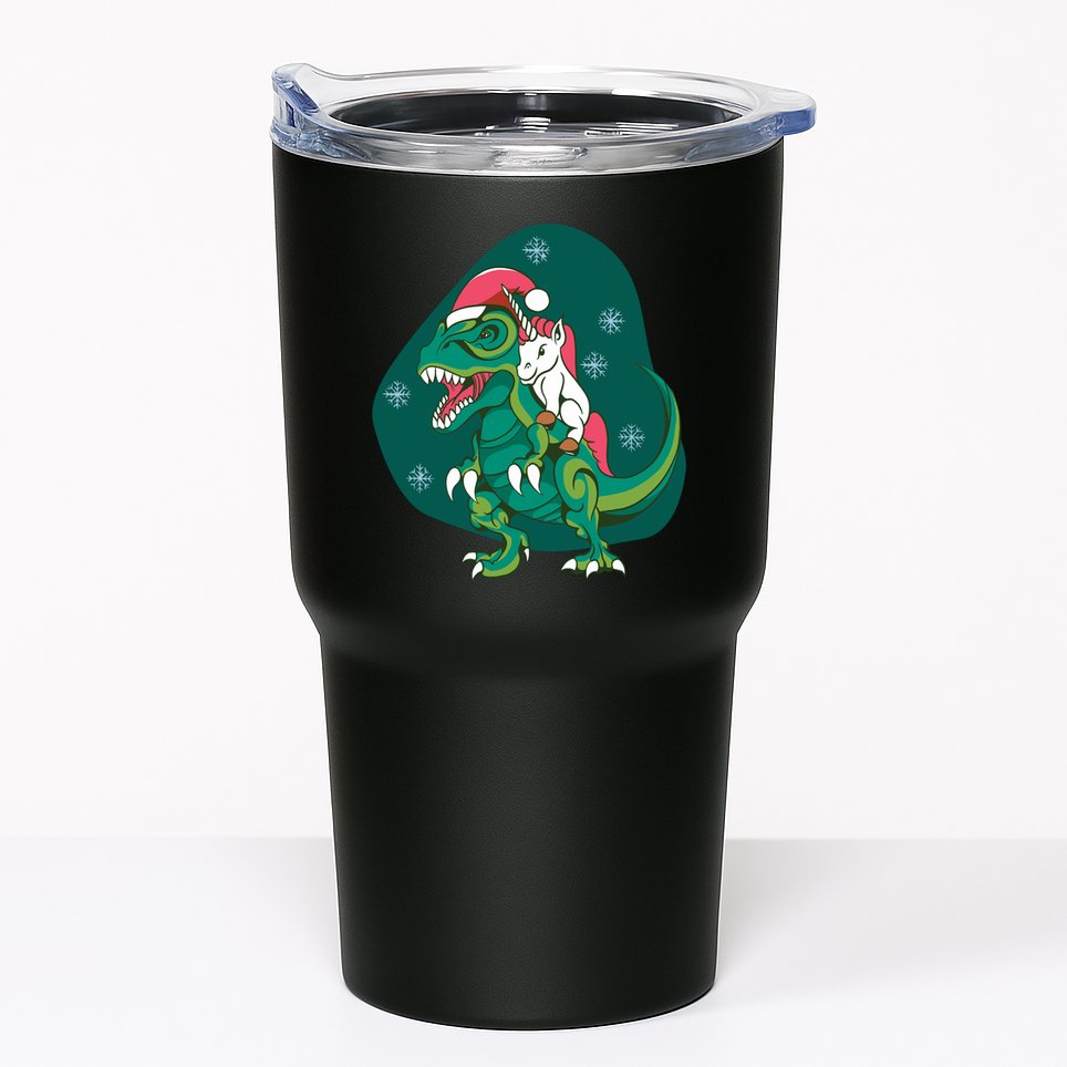 Unicorn Ridding Dinosaur Christmas Tumbler