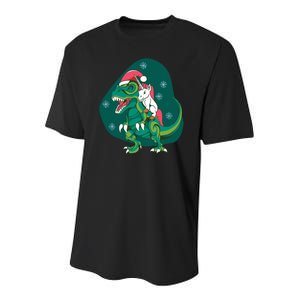 Unicorn Ridding Dinosaur Christmas Youth Performance Sprint T-Shirt