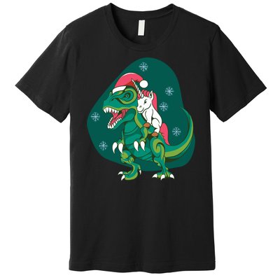 Unicorn Ridding Dinosaur Christmas Premium T-Shirt