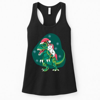 Unicorn Ridding Dinosaur Christmas Womens Tank Top