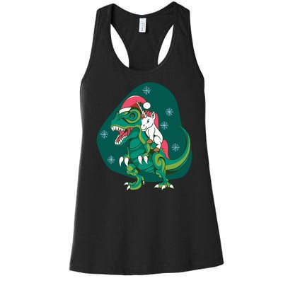 Unicorn Ridding Dinosaur Christmas Women's Racerback Tank