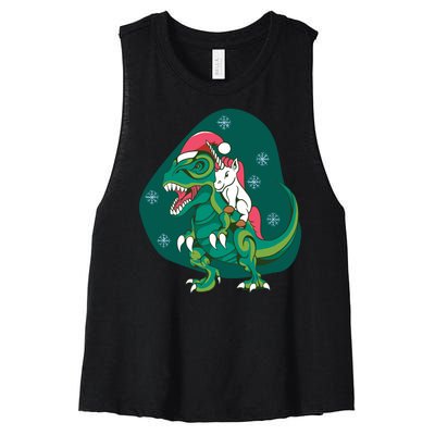 Unicorn Ridding Dinosaur Christmas Women's Racerback Cropped Tank