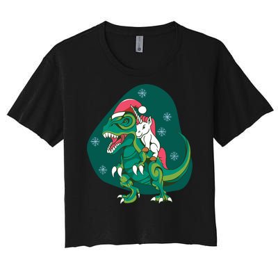 Unicorn Ridding Dinosaur Christmas Women's Crop Top Tee