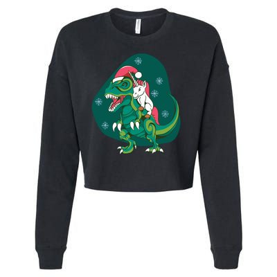 Unicorn Ridding Dinosaur Christmas Cropped Pullover Crew