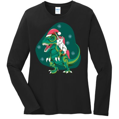 Unicorn Ridding Dinosaur Christmas Ladies Long Sleeve Shirt