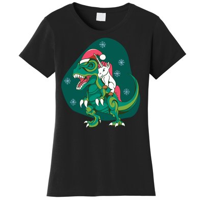 Unicorn Ridding Dinosaur Christmas Women's T-Shirt