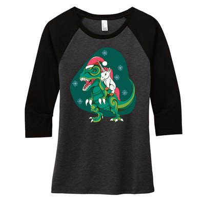 Unicorn Ridding Dinosaur Christmas Women's Tri-Blend 3/4-Sleeve Raglan Shirt