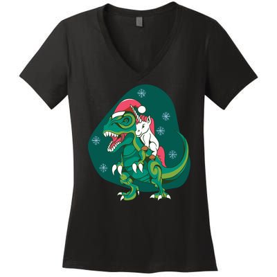 Unicorn Ridding Dinosaur Christmas Women's V-Neck T-Shirt