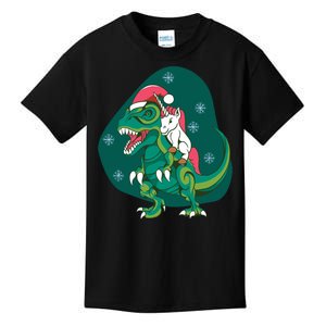 Unicorn Ridding Dinosaur Christmas Kids T-Shirt