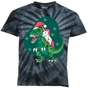 Unicorn Ridding Dinosaur Christmas Kids Tie-Dye T-Shirt