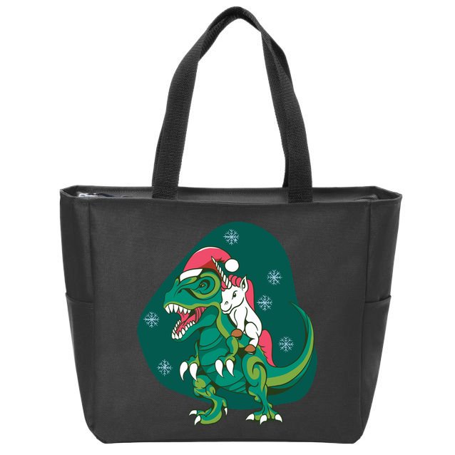 Unicorn Ridding Dinosaur Christmas Zip Tote Bag