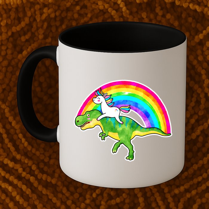 Unicorn Riding T-Rex Rainbow Mug