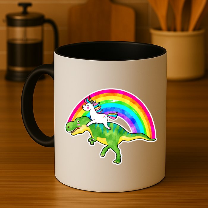 Unicorn Riding T-Rex Rainbow Mug