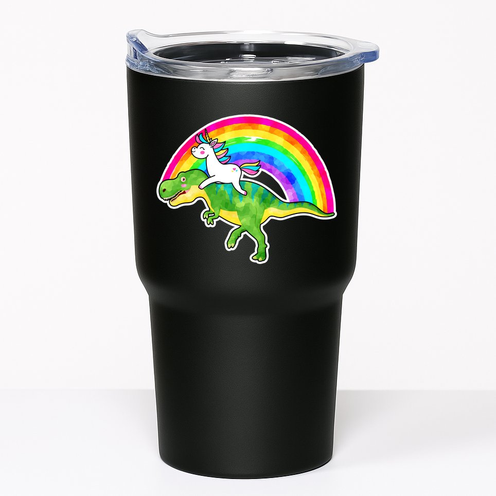 Unicorn Riding T-Rex Rainbow Tumbler