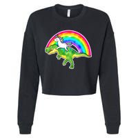 Unicorn Riding T-Rex Rainbow Cropped Pullover Crew