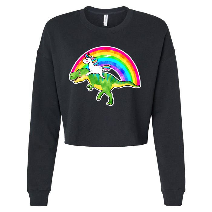 Unicorn Riding T-Rex Rainbow Cropped Pullover Crew