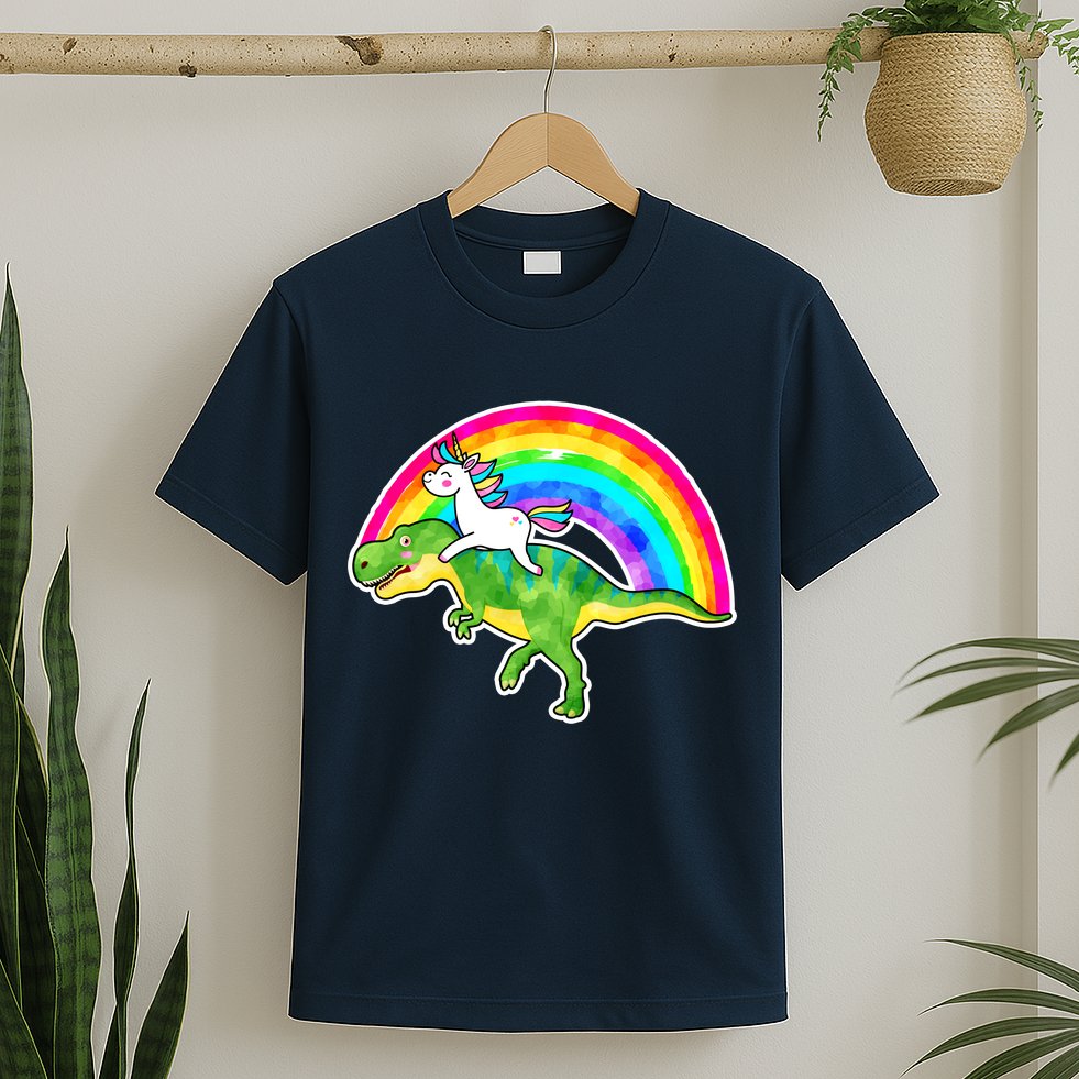 Unicorn Riding T-Rex Rainbow T-Shirt