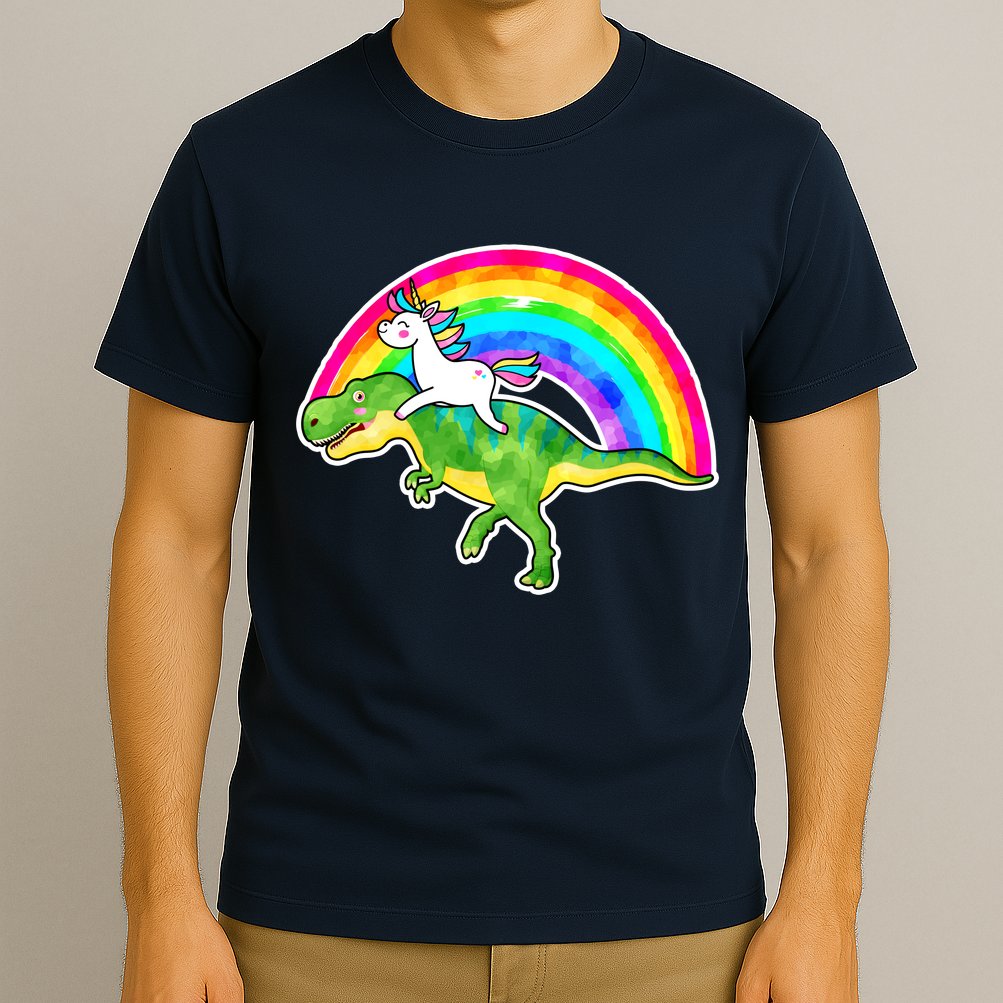 Unicorn Riding T-Rex Rainbow T-Shirt