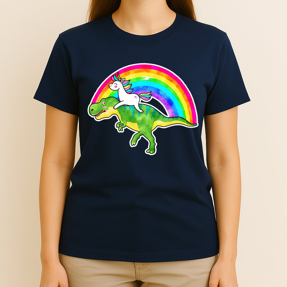 Unicorn Riding T-Rex Rainbow T-Shirt