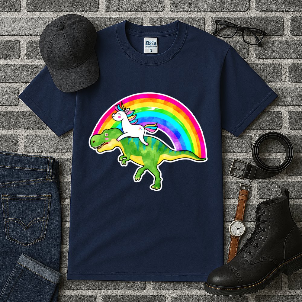 Unicorn Riding T-Rex Rainbow Tall T-Shirt