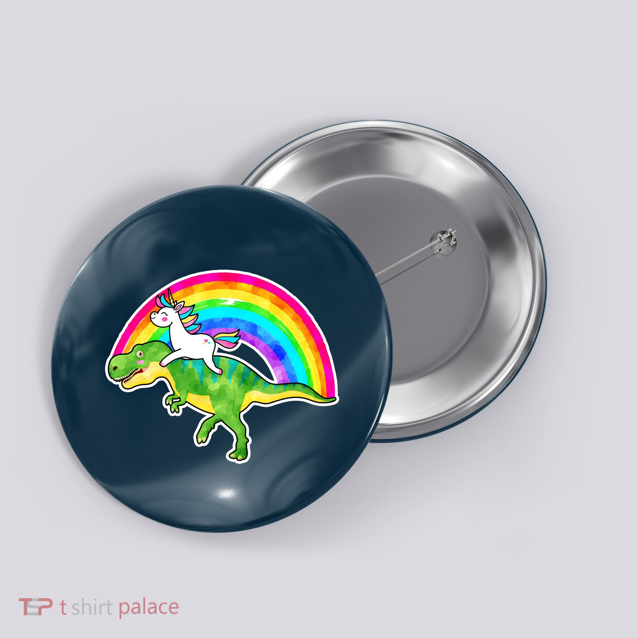 Unicorn Riding T-Rex Rainbow Button