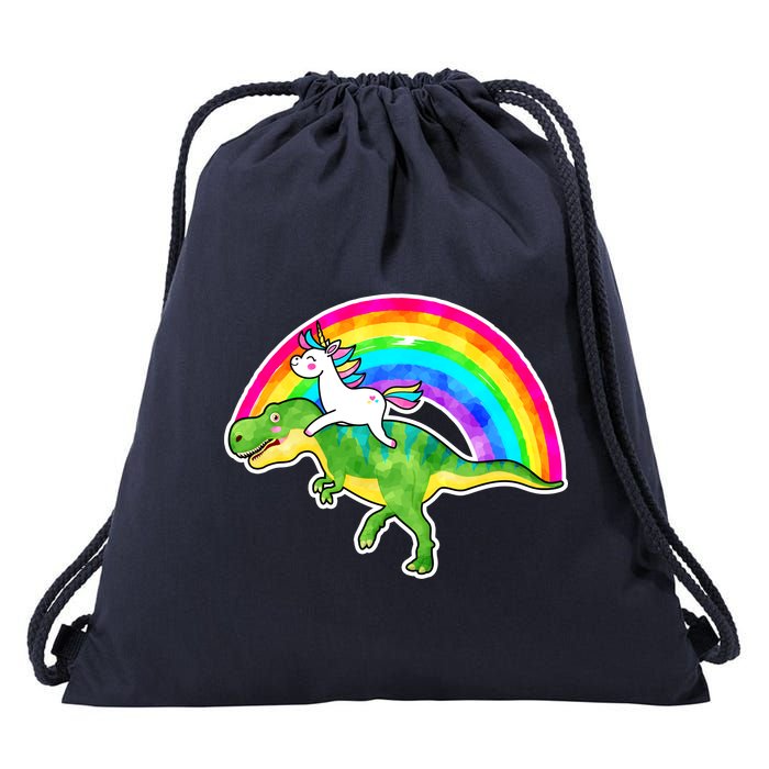 Unicorn Riding T-Rex Rainbow Drawstring Bag