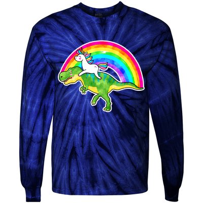 Unicorn Riding T-Rex Rainbow Tie-Dye Long Sleeve Shirt