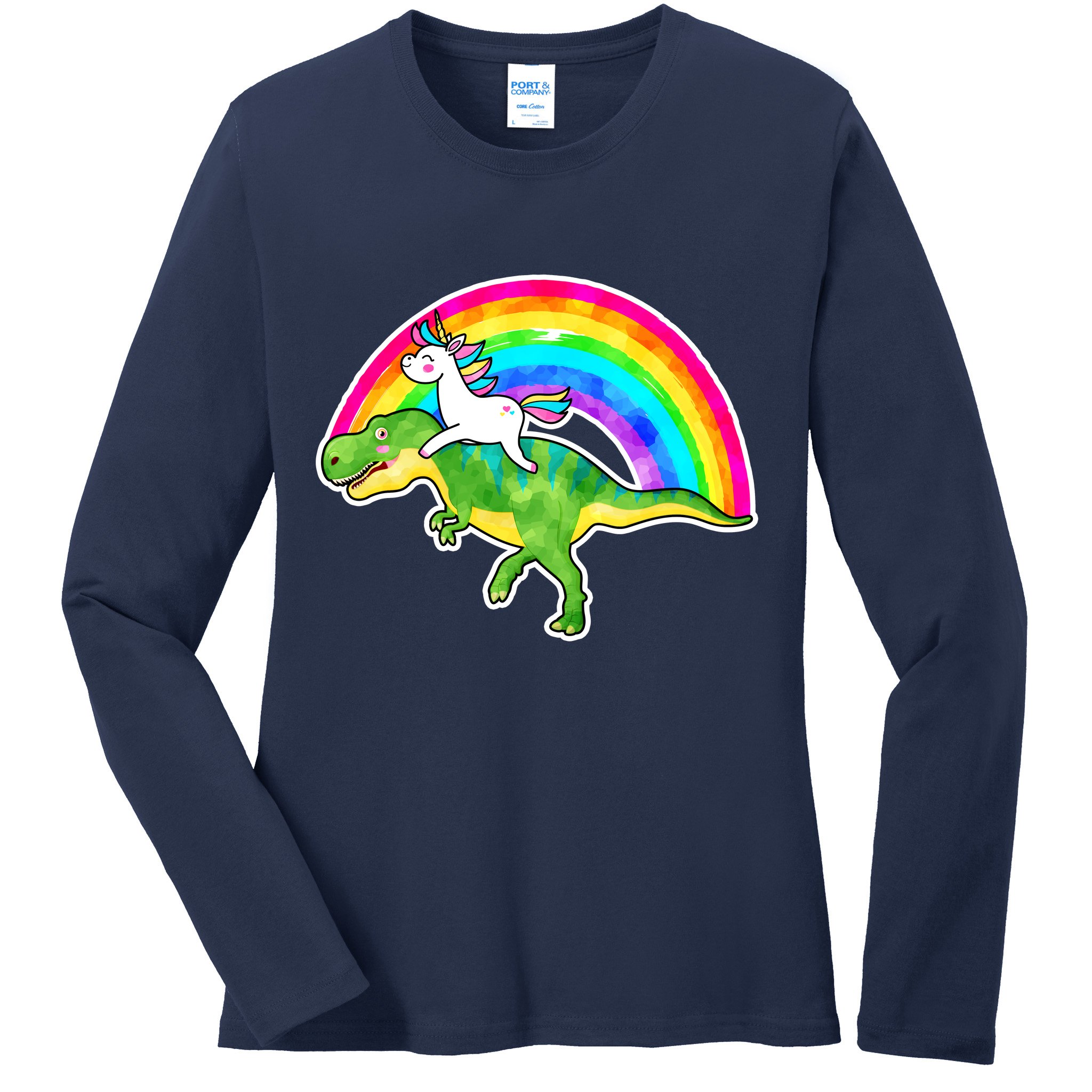 Unicorn Riding T-Rex Rainbow Ladies Long Sleeve Shirt