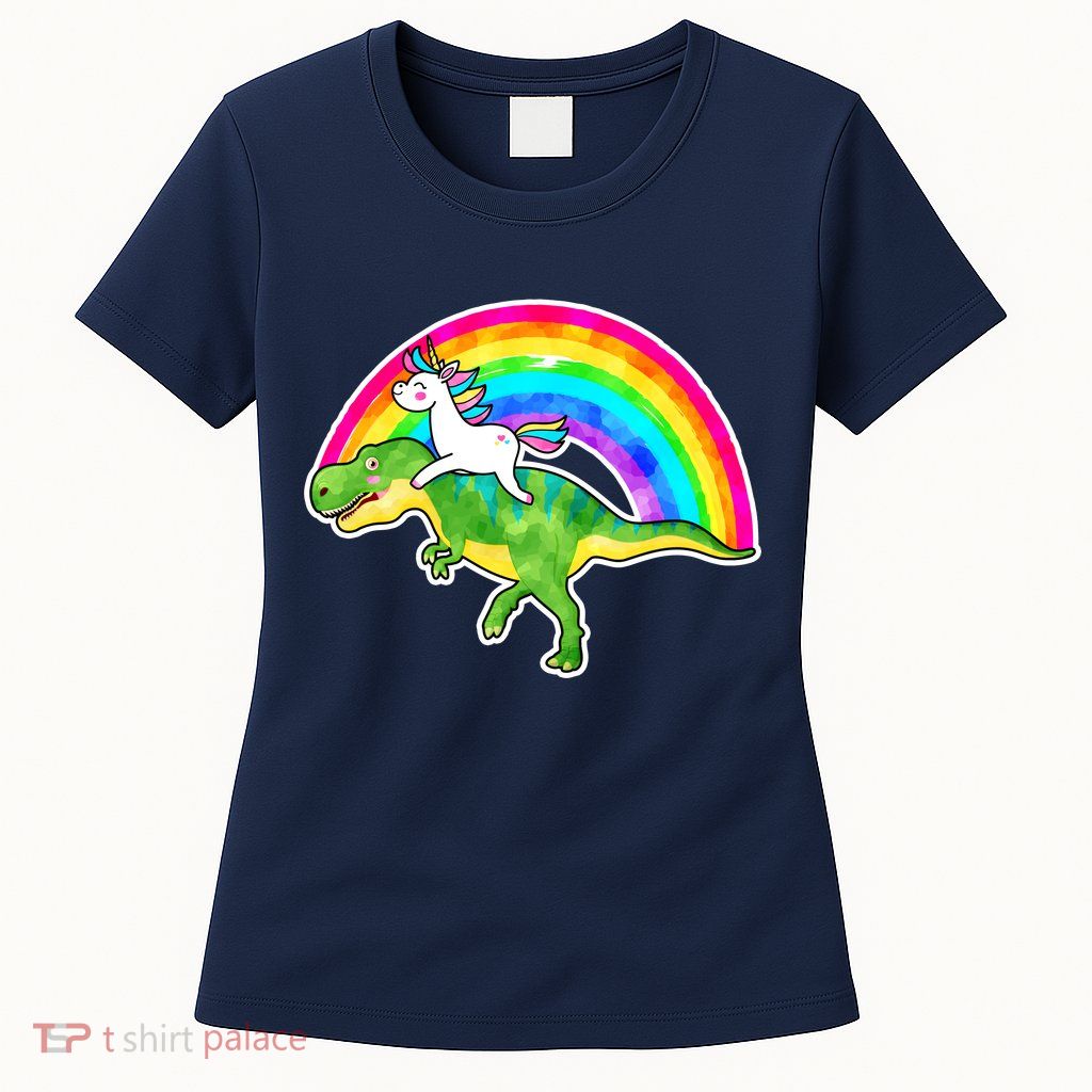 Unicorn Riding T-Rex Rainbow Womens T-Shirt