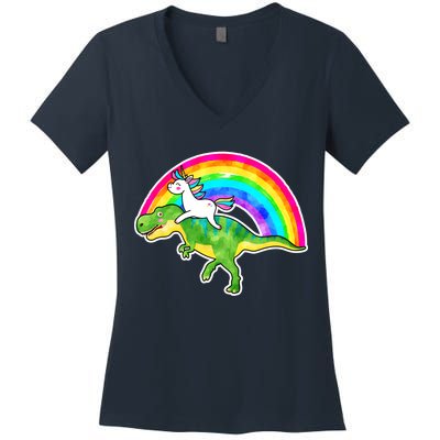 Unicorn Riding T-Rex Rainbow Women's V-Neck T-Shirt