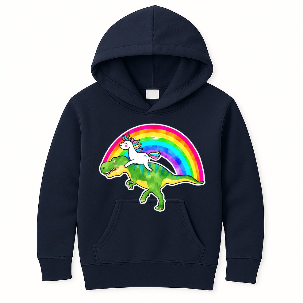 Unicorn Riding T-Rex Rainbow Kids Hoodie