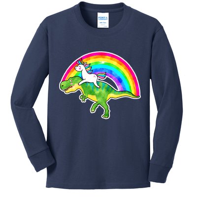 Unicorn Riding T-Rex Rainbow Kids Long Sleeve Shirt