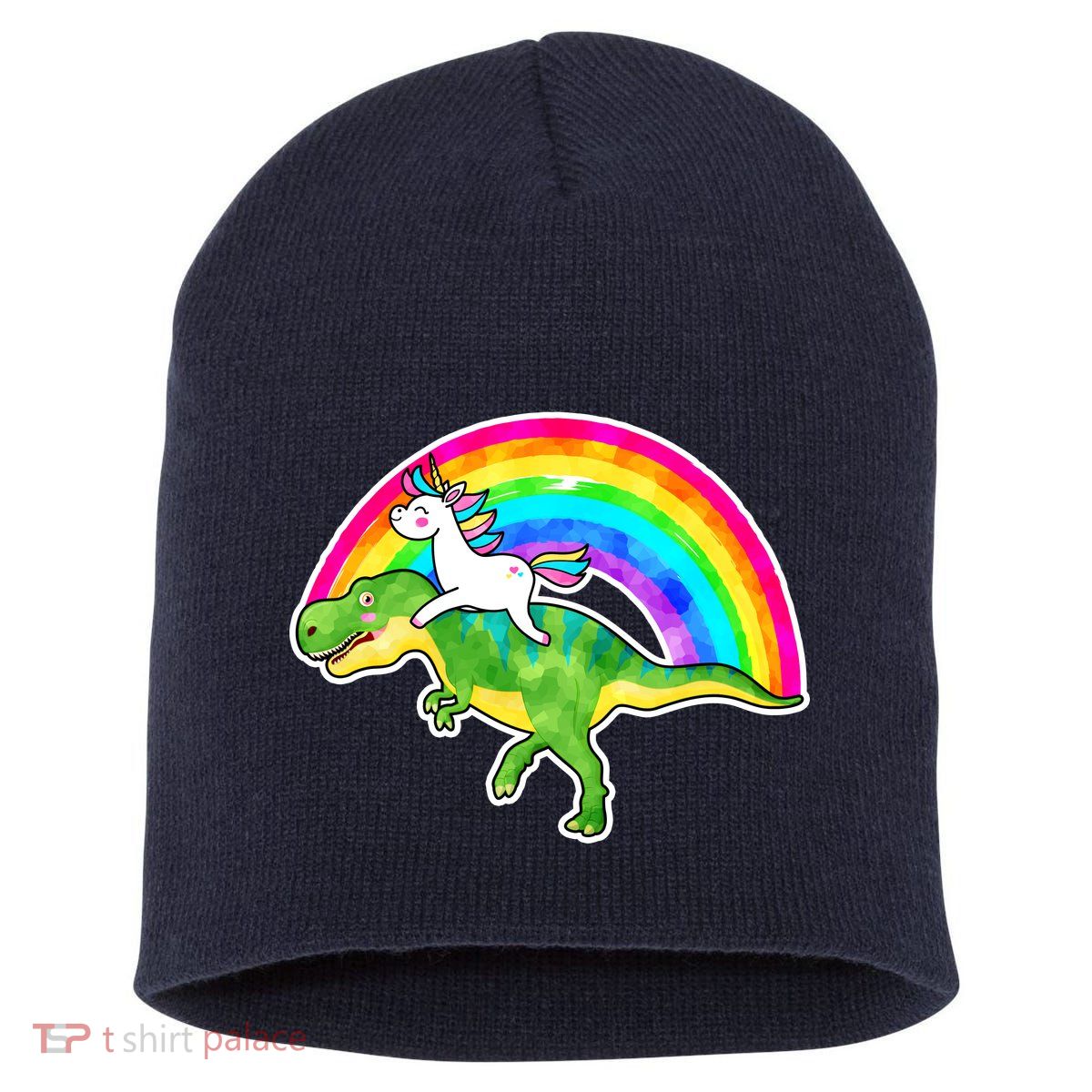 Unicorn Riding T-Rex Rainbow Short Acrylic Beanie