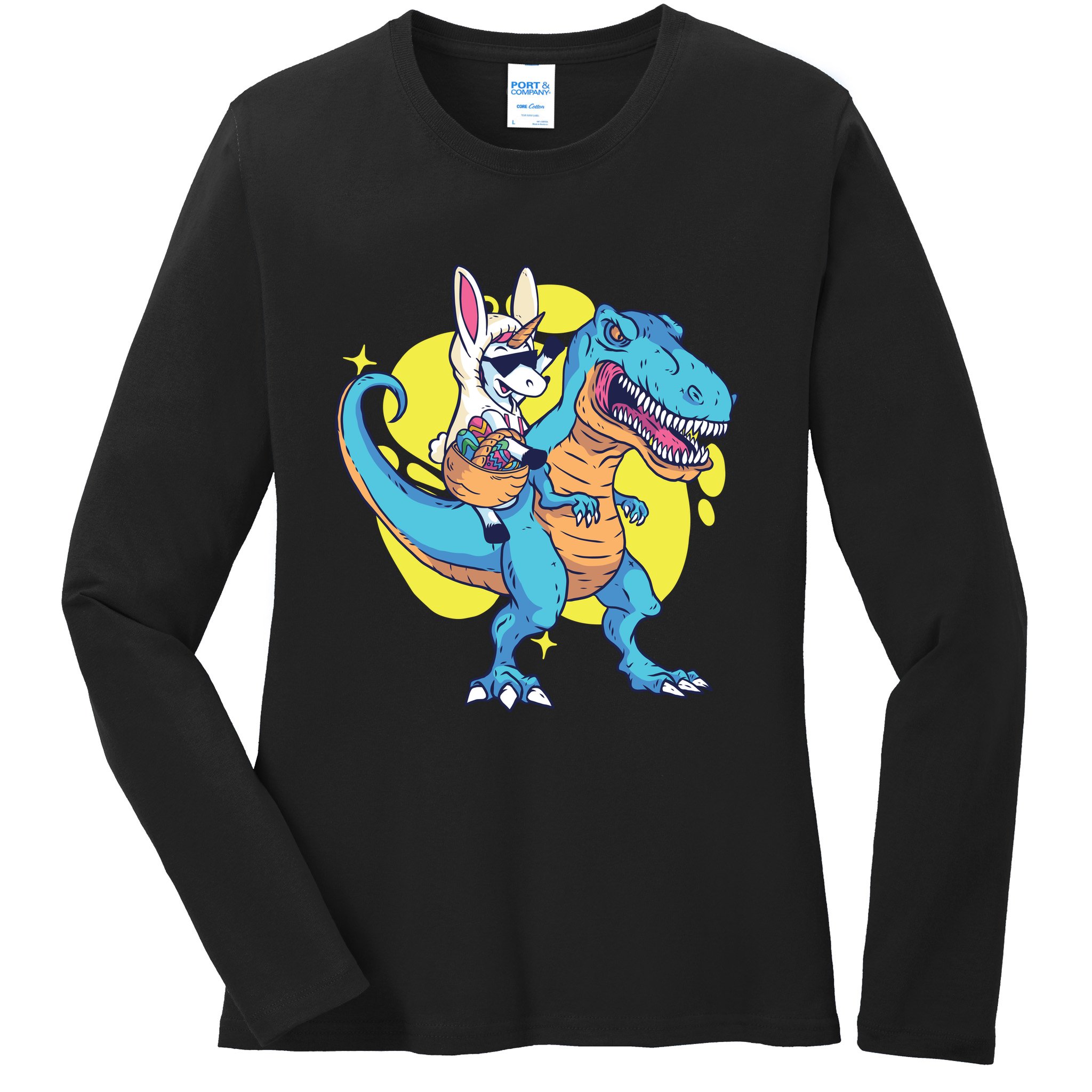 Unicorn Riding Trex Easter Ladies Long Sleeve Shirt