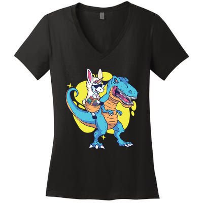 Unicorn Riding Trex Easter Women's V-Neck T-Shirt
