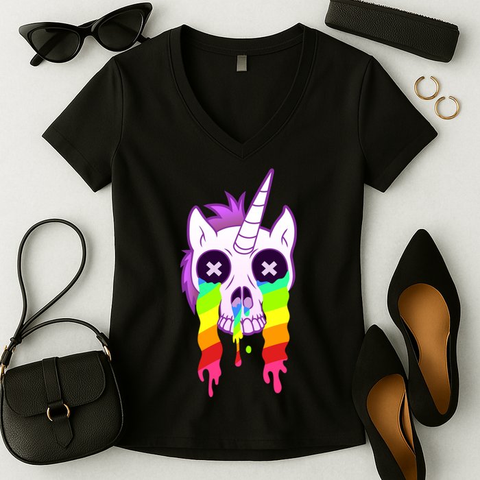 Unicorn Skull Rainbow Women's V-Neck T-Shirt