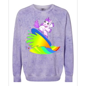 Unicorn Surfing On the Rainbow Colorblast Crewneck Sweatshirt