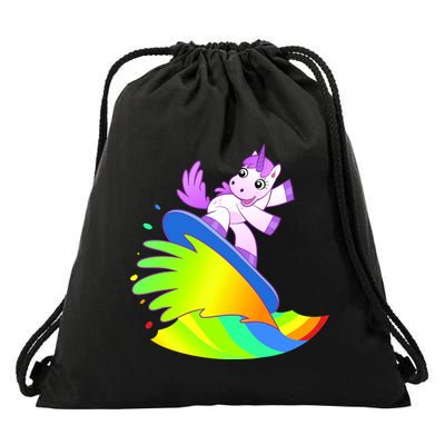 Unicorn Surfing On the Rainbow Drawstring Bag