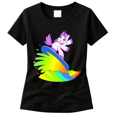 Unicorn Surfing On the Rainbow Womens T-Shirt