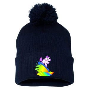 Unicorn Surfing On the Rainbow Pom Pom 12in Knit Beanie