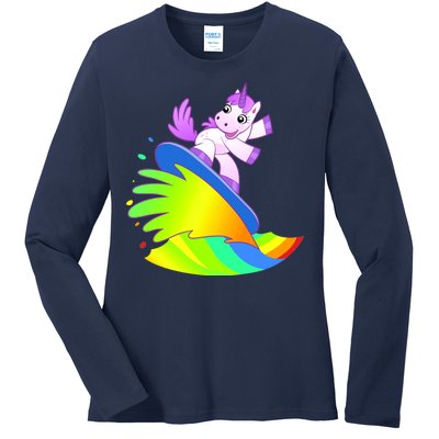 Unicorn Surfing On the Rainbow Ladies Long Sleeve Shirt