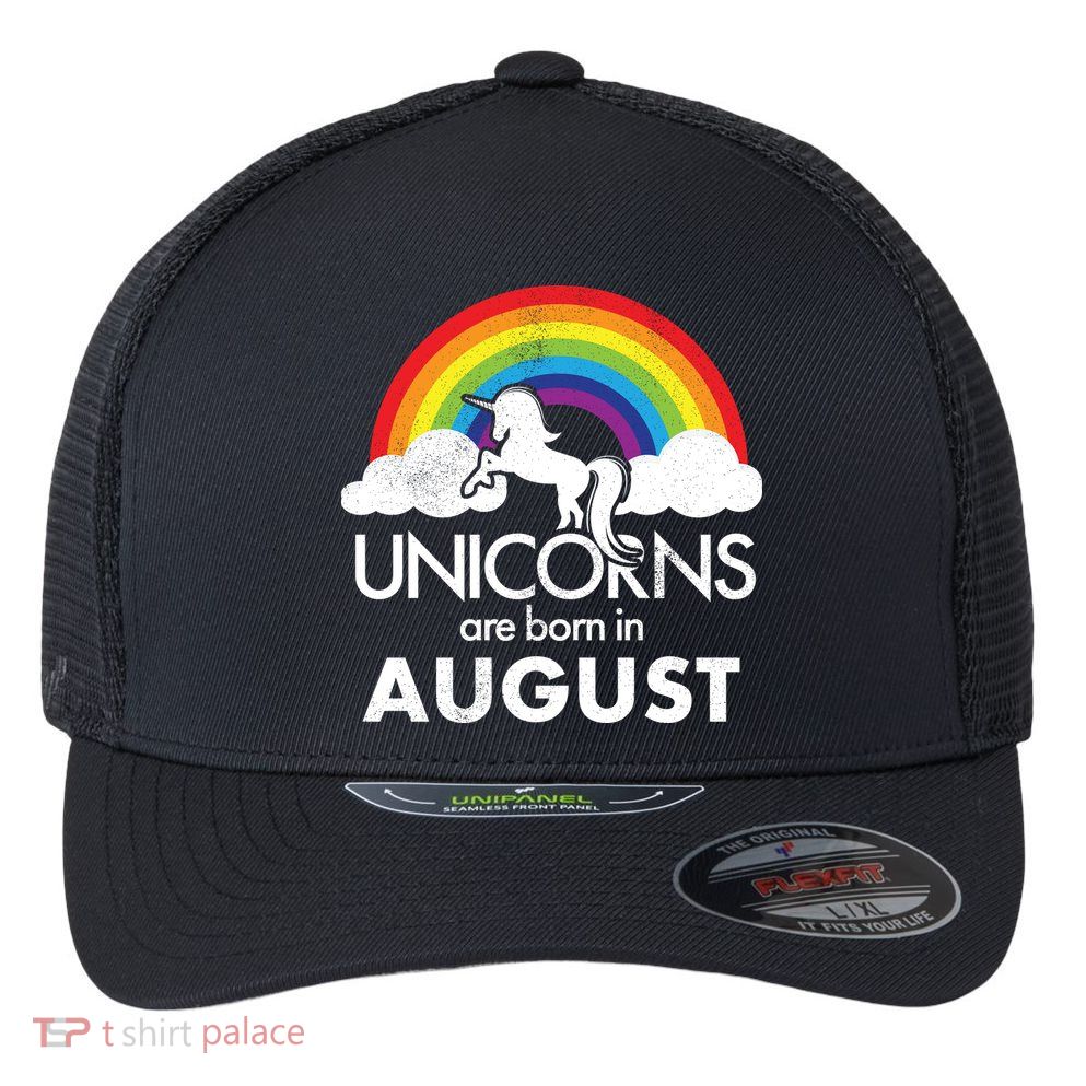 Unicorns Are Born In August Rainbow Retro Flexfit Unipanel Trucker Cap