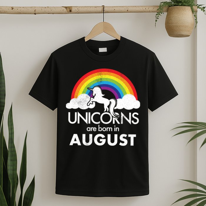 Unicorns Are Born In August Rainbow Retro T-Shirt