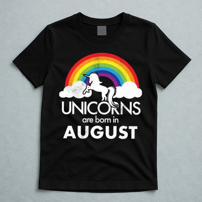 Unicorns Are Born In August Rainbow Retro T-Shirt