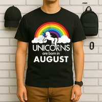 Unicorns Are Born In August Rainbow Retro T-Shirt