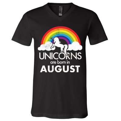 Unicorns Are Born In August Rainbow Retro V-Neck T-Shirt