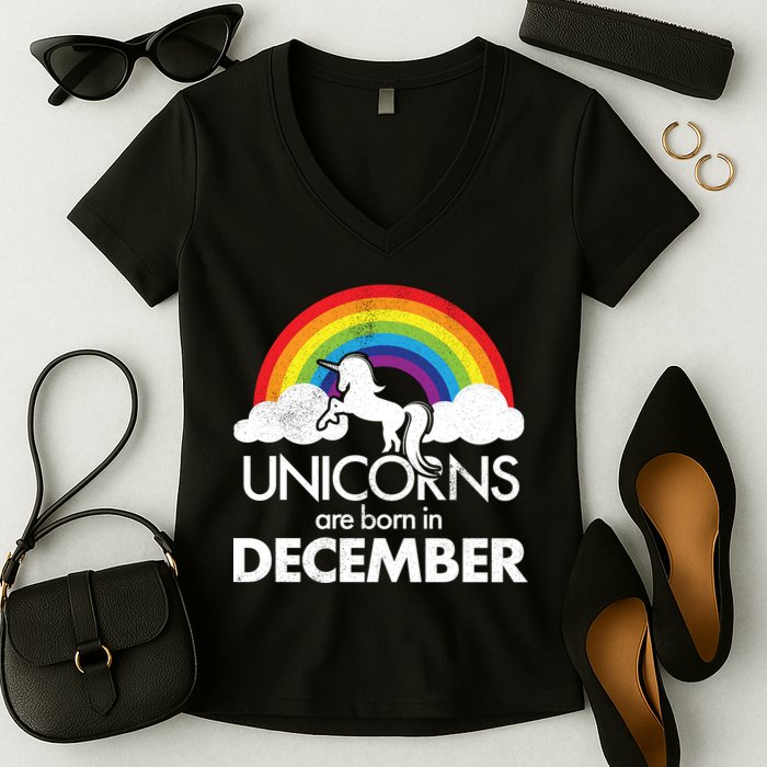 Unicorns Are Born In December Rainbow Retro Women's V-Neck T-Shirt