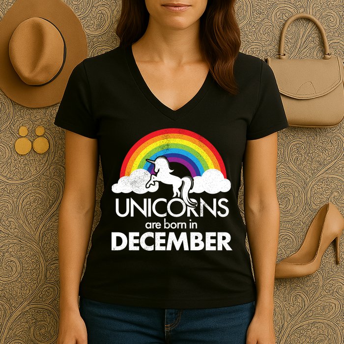 Unicorns Are Born In December Rainbow Retro Women's V-Neck T-Shirt